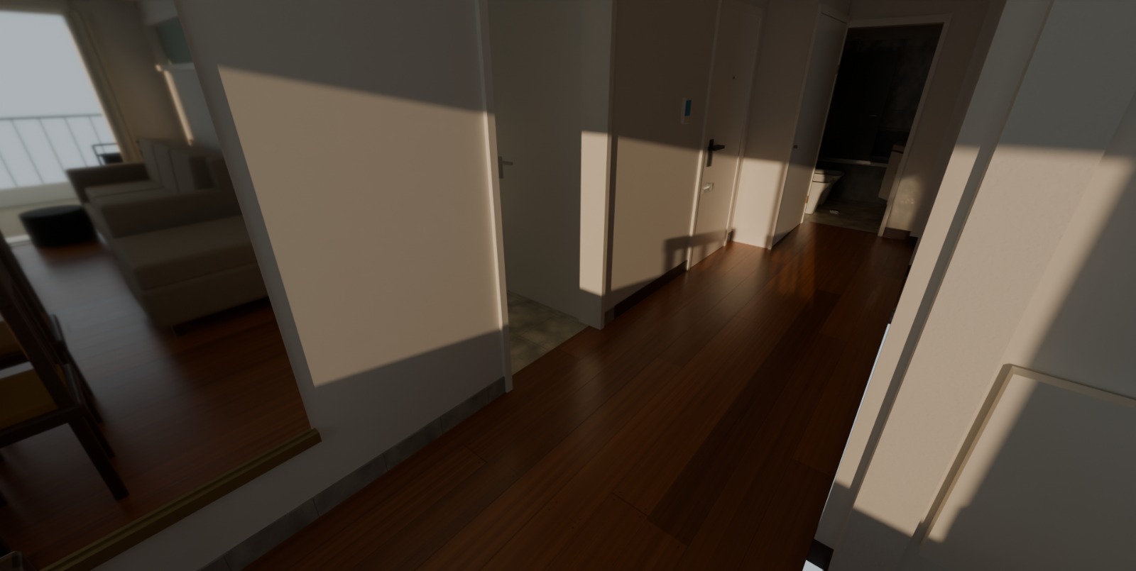Render de un pasillo con piso de madera y luz de la tarde que se abre al living