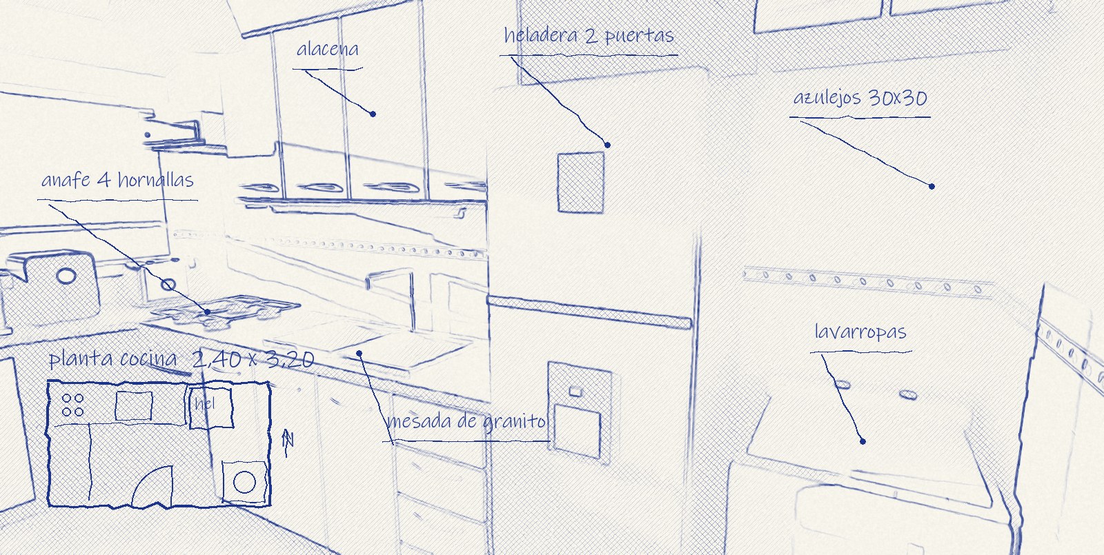 La misma cocina como boceto a mano alzada con bolígrafo azul
