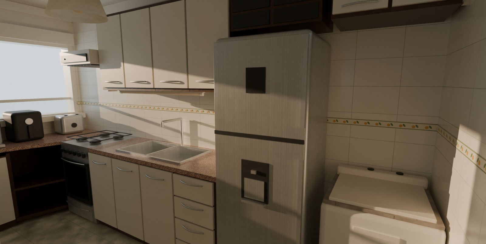 Render de la cocina terminada, con luz de la tarde